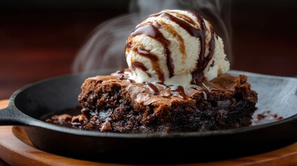 A warm chocolate brownie sits in a cast iron skillet topped with a scoop of vanilla ice cream and drizzled with chocolate sauce. The dish is steaming and inviting.