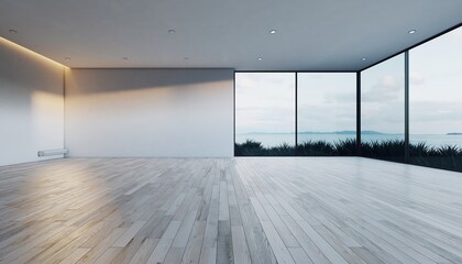 Modern Minimalist Empty Room with Ocean View and Natural Light.