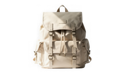 Beige canvas backpack with multiple pockets isolated on transparent background