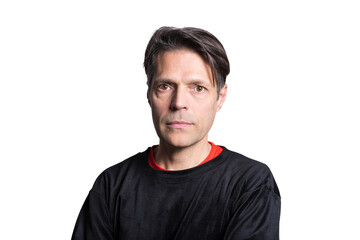 Middle-aged man in casual clothes on white background, looking at the camera.
