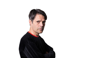 Middle-aged man in casual clothes on white background, looking at the camera.