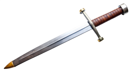 An isolated medieval steel sword with a sharp antique blade and metal handle is a historic weapon set against a white background for military or hunting history