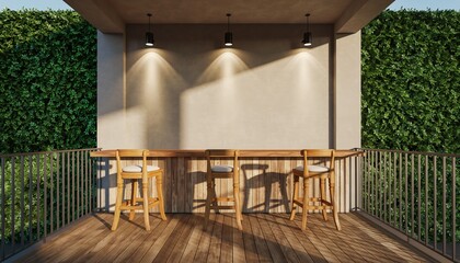 Modern Outdoor Bar Area with Greenery and Wooden Deck.