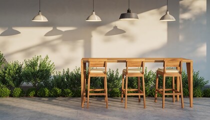 Modern Outdoor Bar Area with Plants and Pendant Lights.