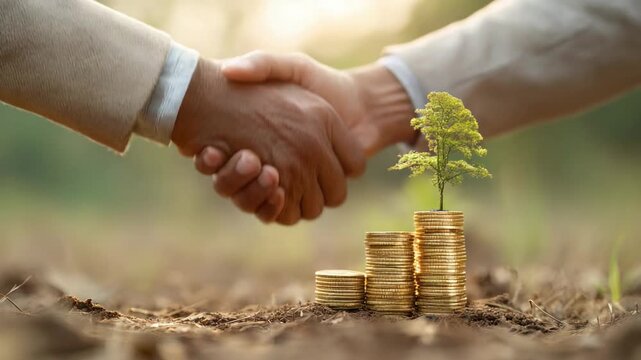 Handshake of Growth: A symbolic depiction of financial partnership and environmental investment, showing a handshake sealing a deal, with growing plant sprouting from a pile of coins.