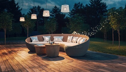 Modern Outdoor Lounge Area at Night with Ambient Lighting.