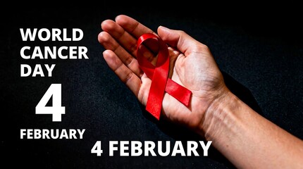 World cancer day awareness with red ribbon in hand
