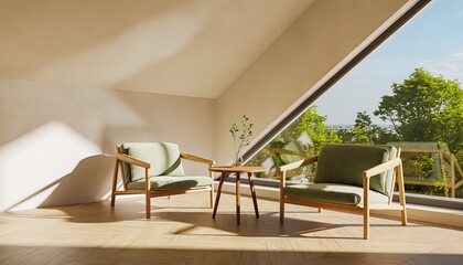 Modern Scandinavian Living Room with Natural Light and Scenic Views.