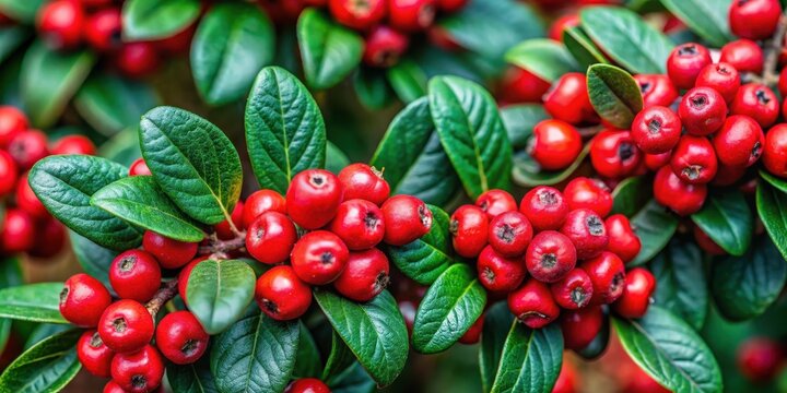 Colorful red berries cluster on green Cotoneaster leaves with intricate veins and delicate texture