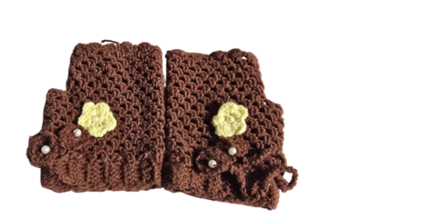 Brown knitted fingerless gloves with a decorative yellow flower on each glove and a stylish design alpha channel with white background