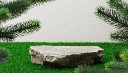 Natural Stone Podium on Green Grass with Pine Branches.