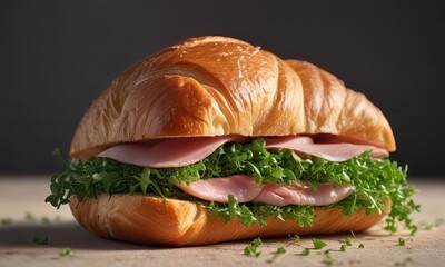 A delicate black croissant sandwich featuring a blend of cheese, ham, and pea microgreens,  white background,  cheese filling