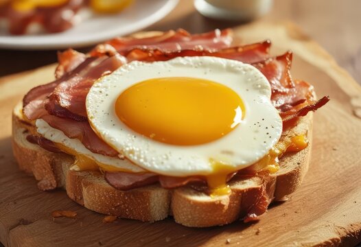 A perfectly cooked sunny-side up egg atop a crispy bacon strip on toasted bread,  toast,  culinary art