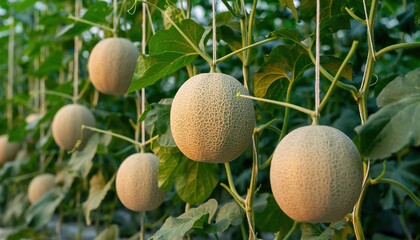 Organic Cantaloupe Melons Growing on Vines in a Greenhouse.
