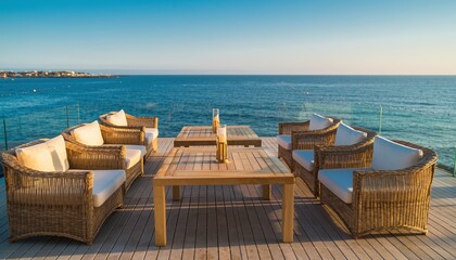 Outdoor Seating Area Overlooking Turquoise Ocean Waters.