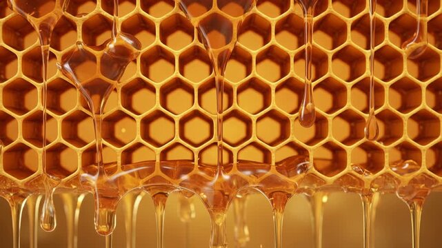Golden honey dripping from hexagon honeycomb cells, glossy amber drip and sweet golden wax hexagon honeycomb closeup with warm viscous texture