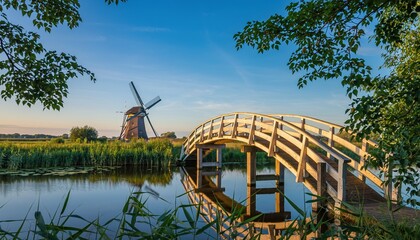 Picturesque Dutch Landscape with Windmill and Arch Bridge at Sunset.