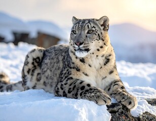 Fototapeta premium A majestic snow leopard rests on a snow-covered outcrop with a peaceful expression, basking in the soft sunlight