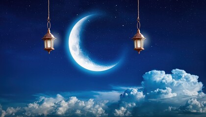 Ramadan Crescent Moon and Lanterns Illuminating the Night Sky.