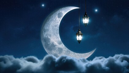 Ramadan Crescent Moon with Hanging Lanterns and Stars in a Cloudy Night Sky.