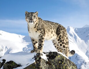 Fototapeta premium A majestic snow leopard stands poised atop a snowy rock, surveying a stunning mountain vista under a clear blue sky