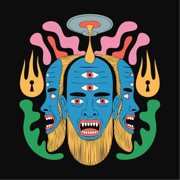 Blue Multiface Mask With Third Eye Surreal Art.