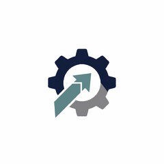 Gear icon with upward arrow symbolizing progress and development.