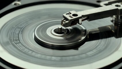 seamless 4K animation showing hard disk drive head reading data from spinning platter with binary code flowing across scene to visualize digital information - Powered by Adobe