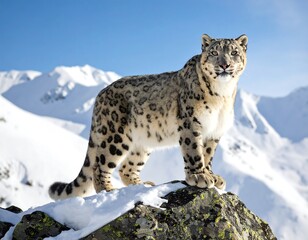 Fototapeta premium A majestic snow leopard stands proudly on a snow-covered rock, mountains in the background. The clear blue sky provides a stunning backdrop