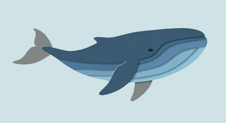Obraz premium Stylized Blue Whale Illustration with Light Blue Stripes, Showcasing Marine Life in a Peaceful Ocean Scene
