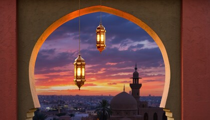 Ramadan Lanterns Illuminate Cityscape at Dusk with Mosque Silhouette.