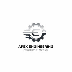 Apex Engineering Logo Design with Gear and Motion Elements.