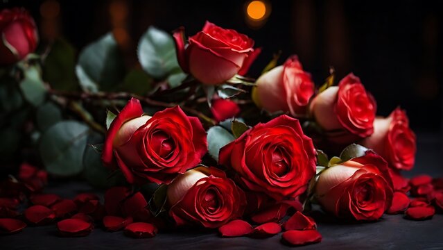Elegant red roses on a dark romantic background with soft dramatic lighting. Classic Valentine still life symbolizing love, passion, and romance.