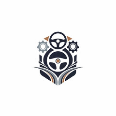 Automotive steering wheel logo with gears and abstract design elements.