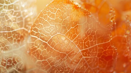 Delicate skeleton leaf macro with crystal morning dew drops and ethereal orange glowing light