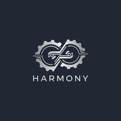 Harmony Logo Design with Interconnected Gears and Infinity Symbol.