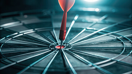 Business target in marketing quality management concept. A red dart is hitting the bullseye on a dartboard.