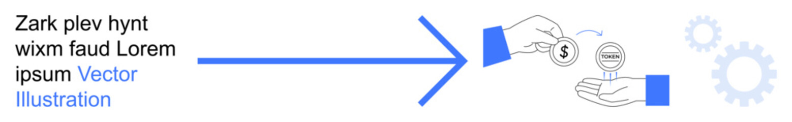 Obraz premium Digital transactions, financial guidance, workflow processes, currency exchange, economic systems, technology solutions. Arrow pointing to hand exchanging money with gear icons. Digital transactions