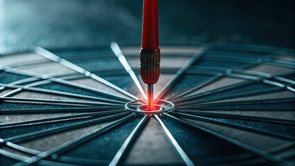 Business target in marketing quality management concept. Close-up of a dart hitting the bullseye on a dartboard.
