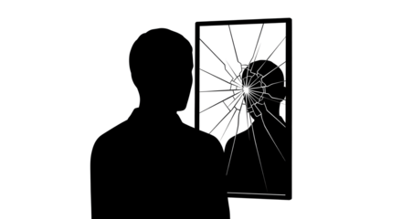 Silhouette of a man looking at his shattered mirror reflection in shock and sadness
