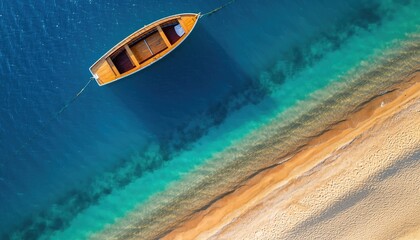 Serene Aerial View of a Wooden Boat Floating in Crystal Clear Turquoise Water Near a Sandy Beach.