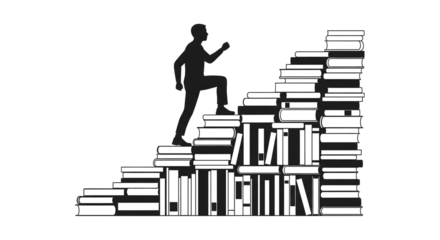 Silhouette of a person climbing a staircase made of books upwards, symbolizing education, knowledge, and personal growth
