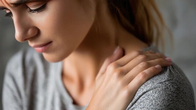 Empathy and Solace: A portrait of a woman finding comfort in a moment of quiet introspection and self-compassion, as a tender hand rests gently on her shoulder, symbolizing support.