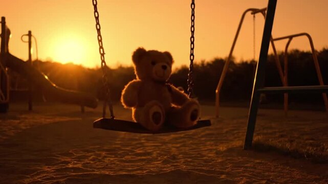 Teddy Bear Sitting on Playground Swing at Sunset
