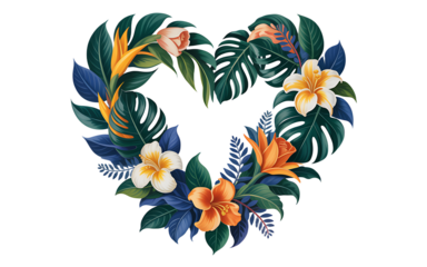 Tropical floral heart arrangement with colorful flowers and leaves isolated on transparent background