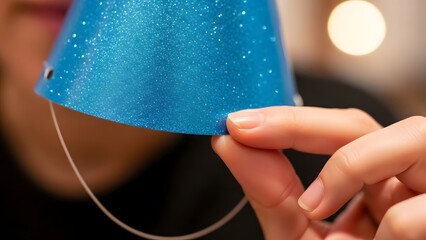 Person holding blue party hat close up.