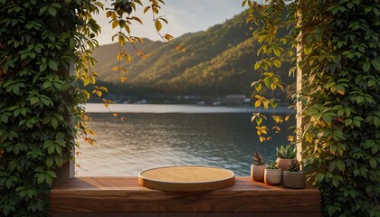 Serene Lakeside Display Platform Amidst Lush Greenery and Mountain Backdrop.