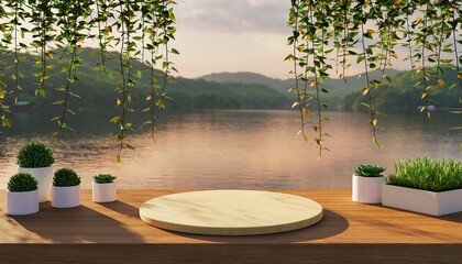 Serene Lakeside Display Platform with Lush Greenery and Mountain Backdrop.