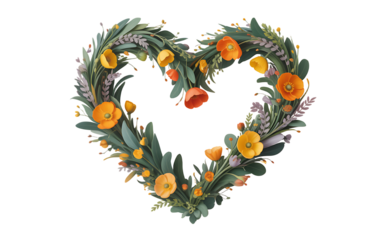 Heart shaped floral wreath with orange flowers and green leaves isolated on transparent background