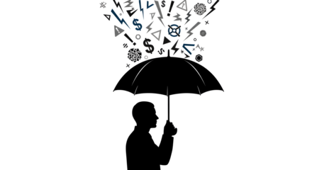 Man holding umbrella with symbolic shapes and dollar signs flying out, representing financial stress or protection